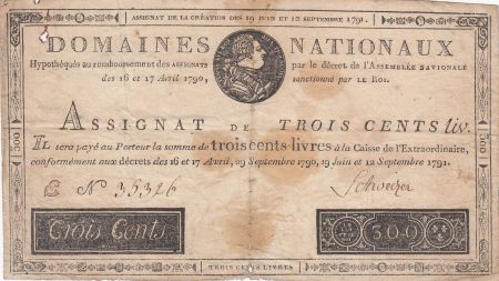 France 300 Livres Louis XVI - 19-06 et 12-09-1791 Série E - Sign. Schveizer - TB