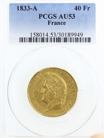 France 40 Francs Louis Philippe Ier Tête Laurée - 1833 A - PCGS AU 53