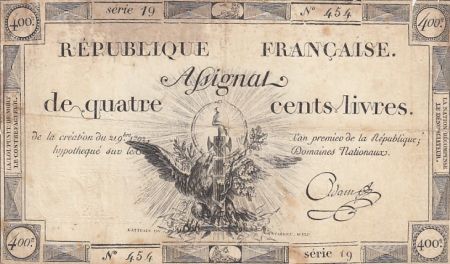 France 400 Livres - 21-11-1792 - Sign. Adam - Série 454