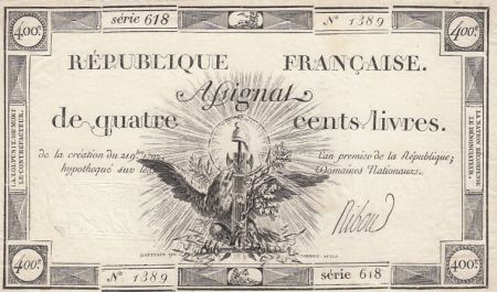 France 400 Livres - 21-11-1792 - Sign. Ribow - Série 618