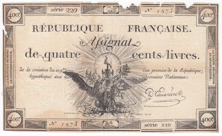France 400 Livres 21-11-1792 - Sign. D\'Esmaziere Série 220 - PTB
