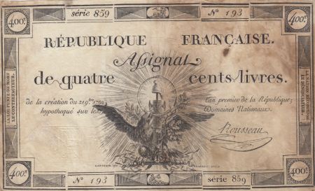France 400 Livres 21-11-1792 - Sign. Rousseau - Série 859 - TB