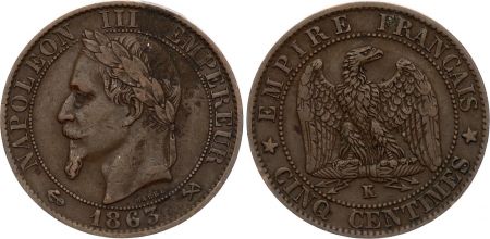 France 5 Centimes Napoléon III - Tête laurée - 1863K Bordeaux