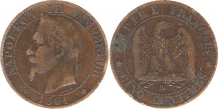 France 5 Centimes Napoléon III - Tête Laurée -1861 BB Strasbourg