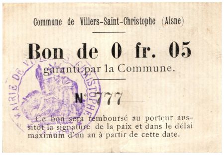 France 5 Centimes Villers-Saint-Christophe Commune - 1915