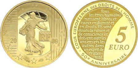 France 5 Euro OR  - 50 ans Cour Européenne des Droits de l\'Homme 2009- Frappe BE - sans boîte ni certificat