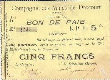 France 5 F Drocourt Cie. des mines Bon de paie