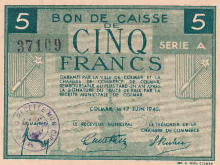 France 5 Francs , Colmar Chambre de Commerce, série A