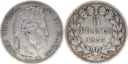 France 5 Francs - Louis-Philippe Ier - Tranche en relief - B Rouen - 1837