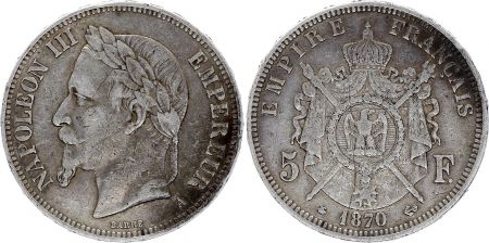 France 5 Francs - Napoléon III - Tête laurée - A Paris - 1870