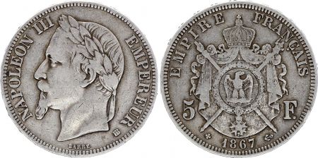 France 5 Francs - Napoléon III - Tête laurée - BB Strasbourg - 1867