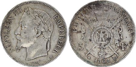 France 5 Francs - Napoléon III - Tête laurée - BB Strasbourg - 1868