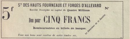France 5 Francs - Société des hauts fourneaux et forges d\'Allevard (Isère)