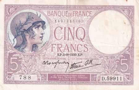 France 5 Francs - Violet - 03-08-1939 - Série D.59911 - F.04.04