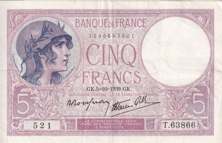 France 5 Francs - Violet - 05 -10-1939 - Série T.63866 - F.04.11