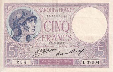 France 5 Francs - Violet - 05-03-1929 - Série G.39904 - F.03.13