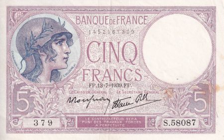 France 5 Francs - Violet - 13-07-1939 - Série S.58087 - F.04.01