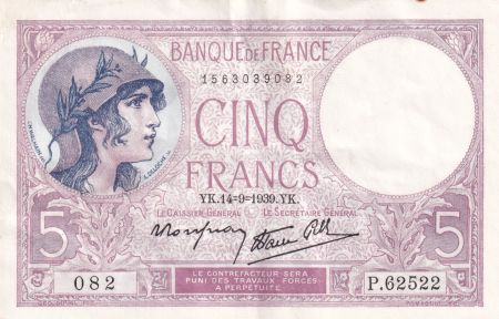 France 5 Francs - Violet - 14-09-1939 - Série P.62522-082 - F.04.08