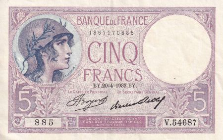 France 5 Francs - Violet - 20-04-1933 - Série V.54687 - SUP - F.03.17