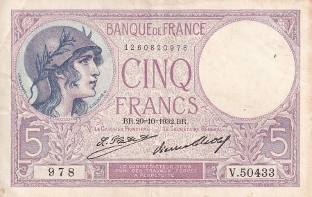 France 5 Francs - Violet - 20-10-1932 - Série V.50433 - F.03.16