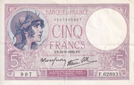 France 5 Francs - Violet - 21-09-1939 - Série F.62693 - F.04.09
