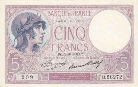 France 5 Francs - Violet - 22-06-1933 - Série Q.56272