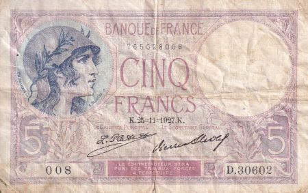 France 5 Francs - Violet - 25-11-1927 - Série D.30602 - F.03.11