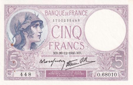 France 5 Francs - Violet - 26-12-1940 - Série O.68010 - F.04.18