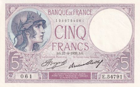France 5 Francs - Violet - 27-04-1933 - Série E.54791 - F.03.17