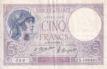 France 5 Francs - Violet - 27-06-1924 - Série X.18649 - F.03.08