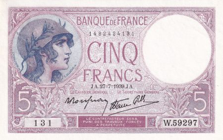 France 5 Francs - Violet - 27-07-1939 - Série W.59297 - F.04.03