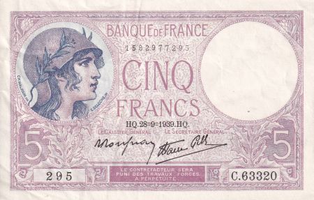 France 5 Francs - Violet - 28-09-1939 - Série C.63320 - TTB+ - F.04.10