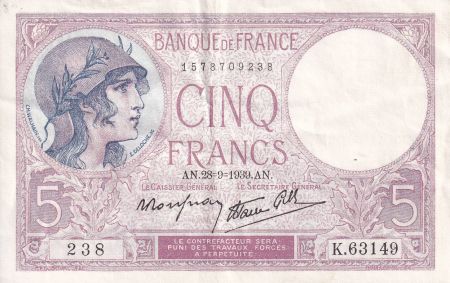 France 5 Francs - Violet - 28-09-1939 - Série K.63149 - TTB+- F.04.10