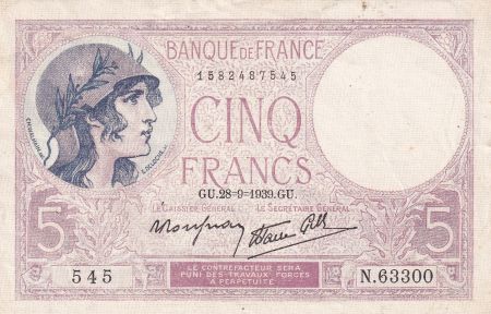 France 5 Francs - Violet - 28-09-1939 - Série N.63300 - F.04.10