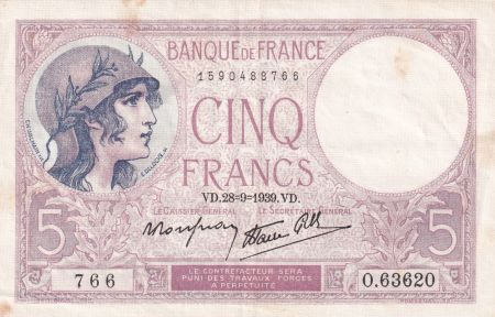 France 5 Francs - Violet - 28-09-1939 - Série O.63620-766 - F.04.10