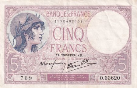 France 5 Francs - Violet - 28-09-1939 - Série O.63620-769 - F.04.10