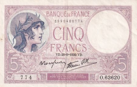France 5 Francs - Violet - 28-09-1939 - Série O.63620-774 - F.04.10