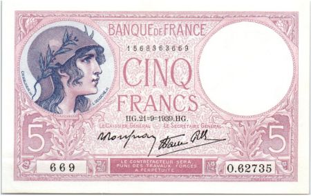 France 5 Francs  1939 - Série O.62735 - Violet
