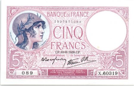 France 5 Francs  1939 - Série X.60319  - Violet