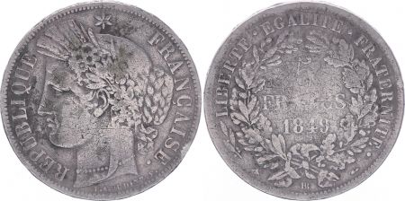 France 5 Francs, Cérès  - IIe République - 1849 BB Strasbourg - TB