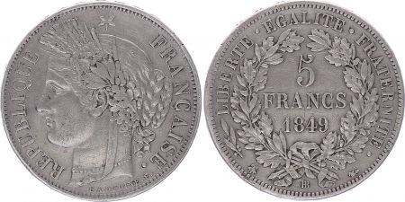 France 5 Francs, Cérès  II e République -1849 BB Strasbourg