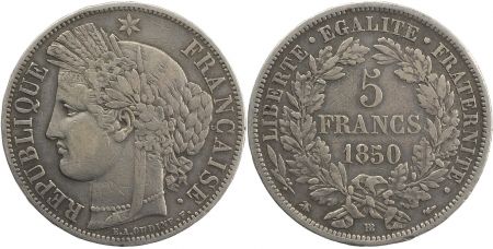 France 5 Francs, Céres  II e République -1850 BB Strasbourg