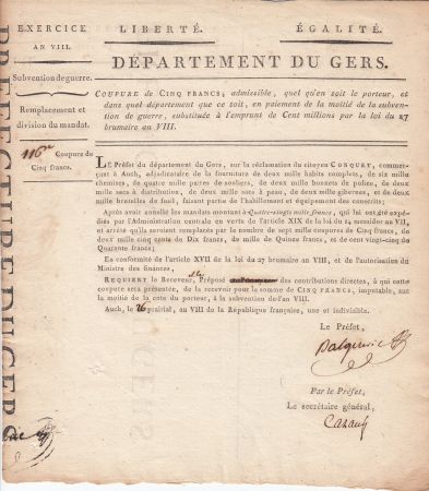 France 5 Francs, Département du Gers Laf 221 - Subvention de Guerre - AN VIII (1799)