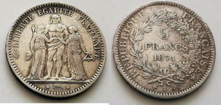 France 5 Francs  Hercule - 1871 K Bordeaux - Argent