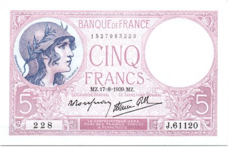 France 5 Francs 1939 - Série J.61120 - Violet