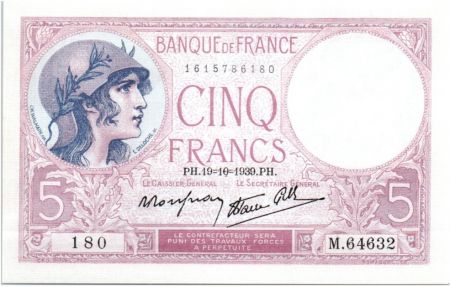 France 5 Francs 1939 - Série M.64632 - Violet