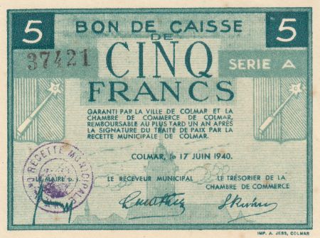 France 5 Francs 1940 - Bon de caisse, Ville de Colmar, Série A