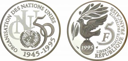 France 5 Francs 50ème anniv. ONU - 1995 - Frappe BE - Argent