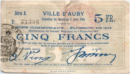France 5 Francs Auby Ville - 1914