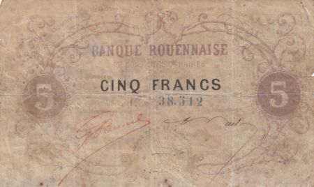 France 5 Francs Banque Rouennaise ND (1870) - Rare !